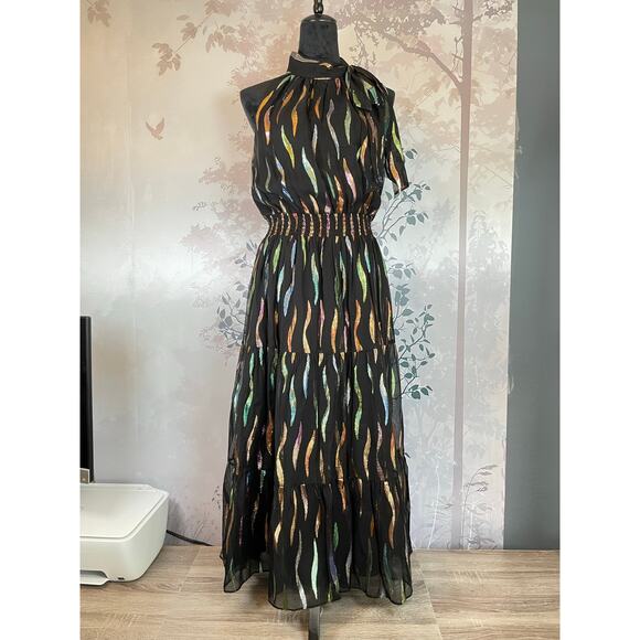 Shoshanna Dresses & Skirts - Shoshanna Metallic Rainbow Halter Neck Smocked Maxi Dress Black 10 Bow Tie